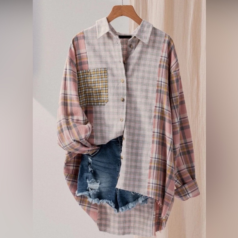 Plaid Patchwork Button-Up Shirt Size Small